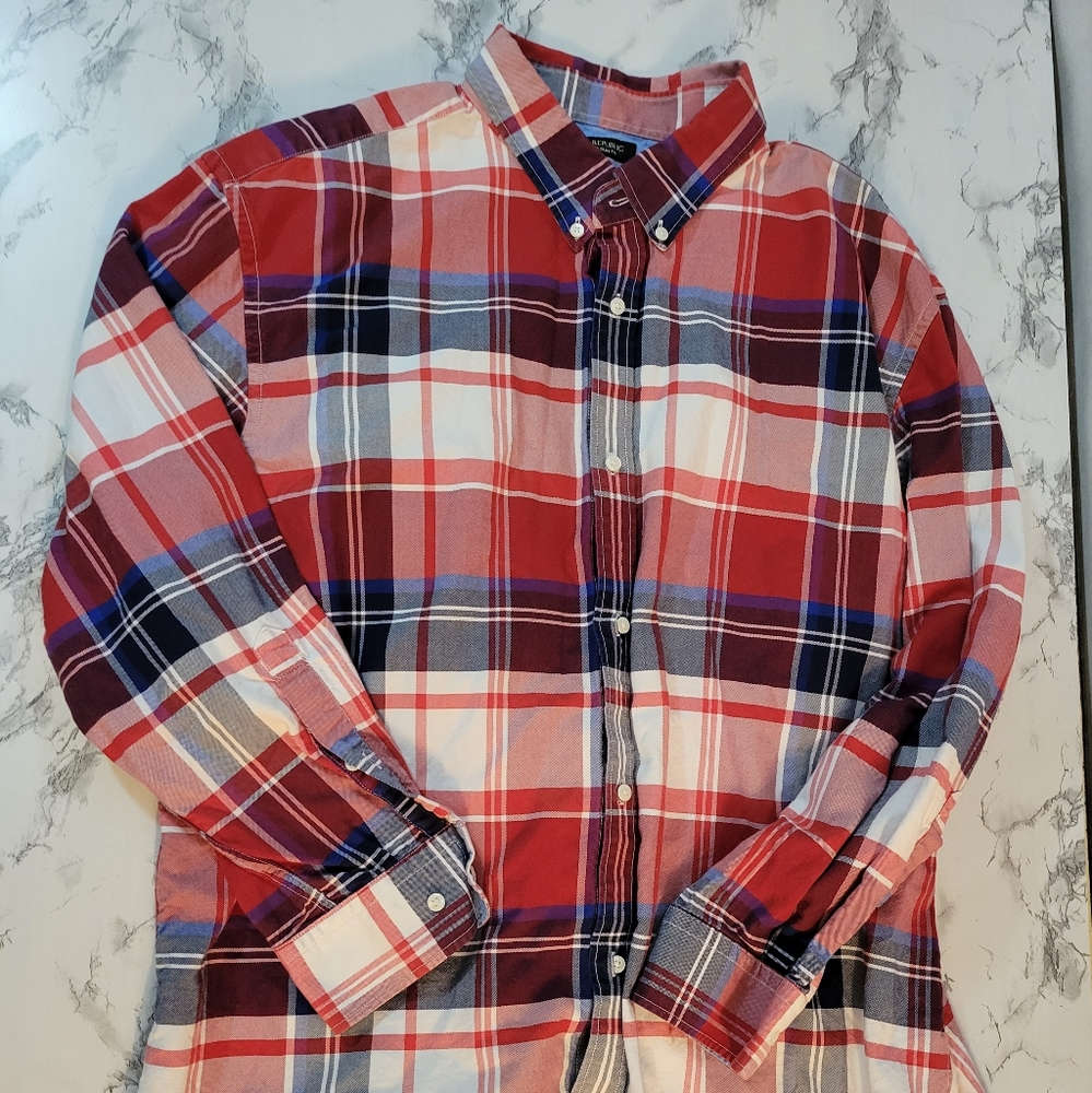 Banana Republic Oxford Slim Fit Mens Red Blue Plaid Button Down Shirt XXL